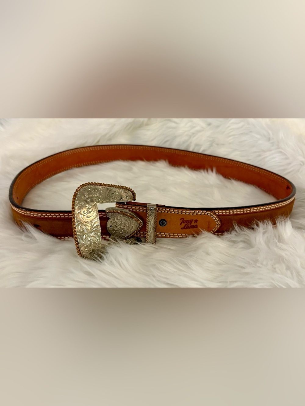 Tony Lama Tan Cheyenne Leather Belt with Ornate Silver Buckle Size 36
